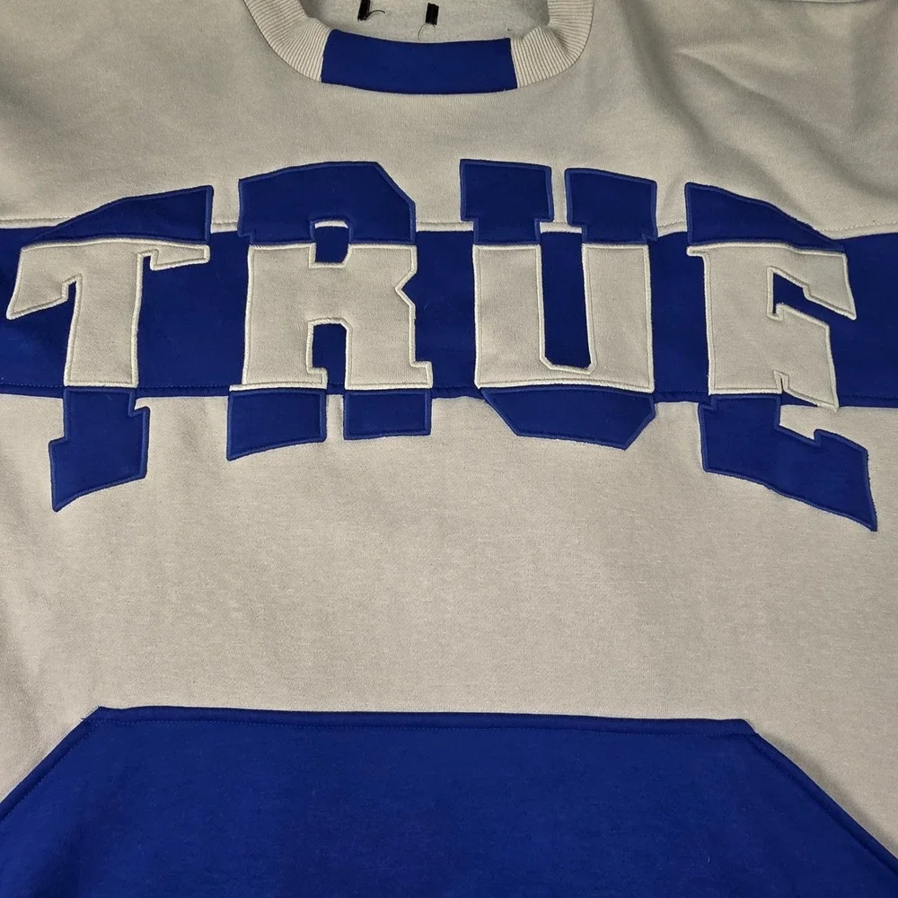 Y2K True Religion Men's Blue White Colorblock Oversized Sweatshirt Size XXL